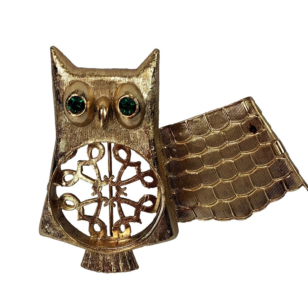 Vintage Avon Owl Brooch Pin Gold Tone Green Rhinestone Eyes Solid Perfume Locket
